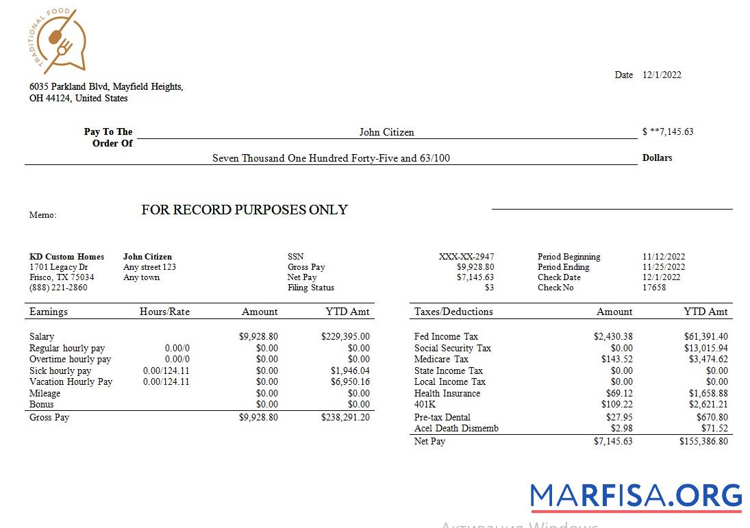 Blank Food company earning statement sample